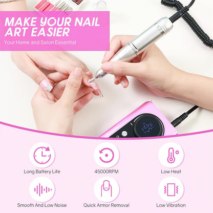 Nail Drill Machine 45000 RPM Brushless Motor 10-Hour Battery Electric Nail File with LCD Smart Screen 6 Drill Bits 6 Sanding Bands – Forward Reverse Low Noise Nail Grinder for Gel Acrylic Nails Home Salon