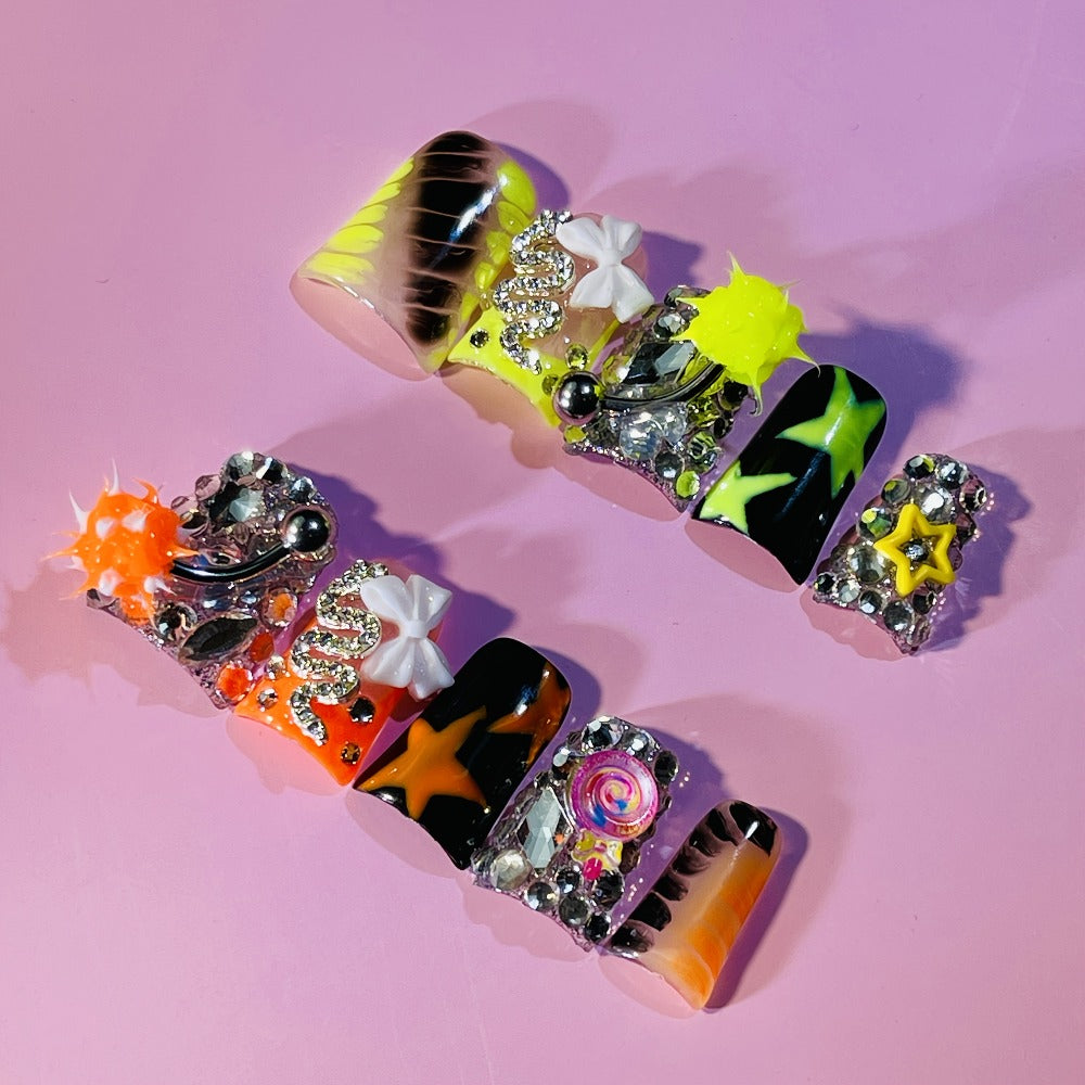 Press On Nails Handmade Y2K Duckbill Set with 3D Eye Barbell Star Rhinestone Charms and S M L Sizes