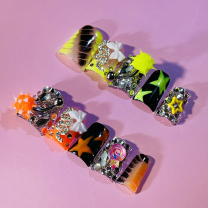 Press On Nails Handmade Y2K Duckbill Set with 3D Eye Barbell Star Rhinestone Charms and S M L Sizes