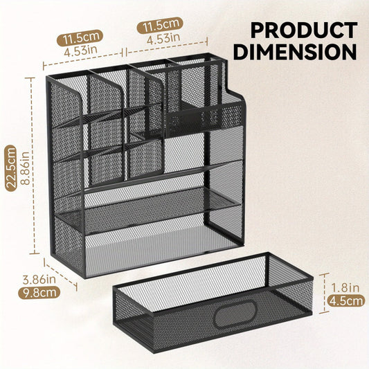 Mesh Desk Organizer with Drawer – Multifunctional Desktop Pen Holder & Office Supply Organizer for Home Office, School & Art Studio – Pencil Cup Caddy with Storage Compartments, Multiple Colors Available
