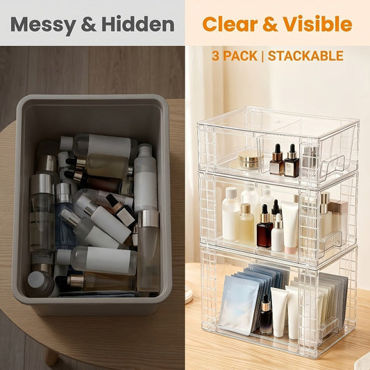 Stackable Bin Storage Organizer 3 or 4-Piece Clear Plastic Set with Lids and Handles in Mixed Sizes
