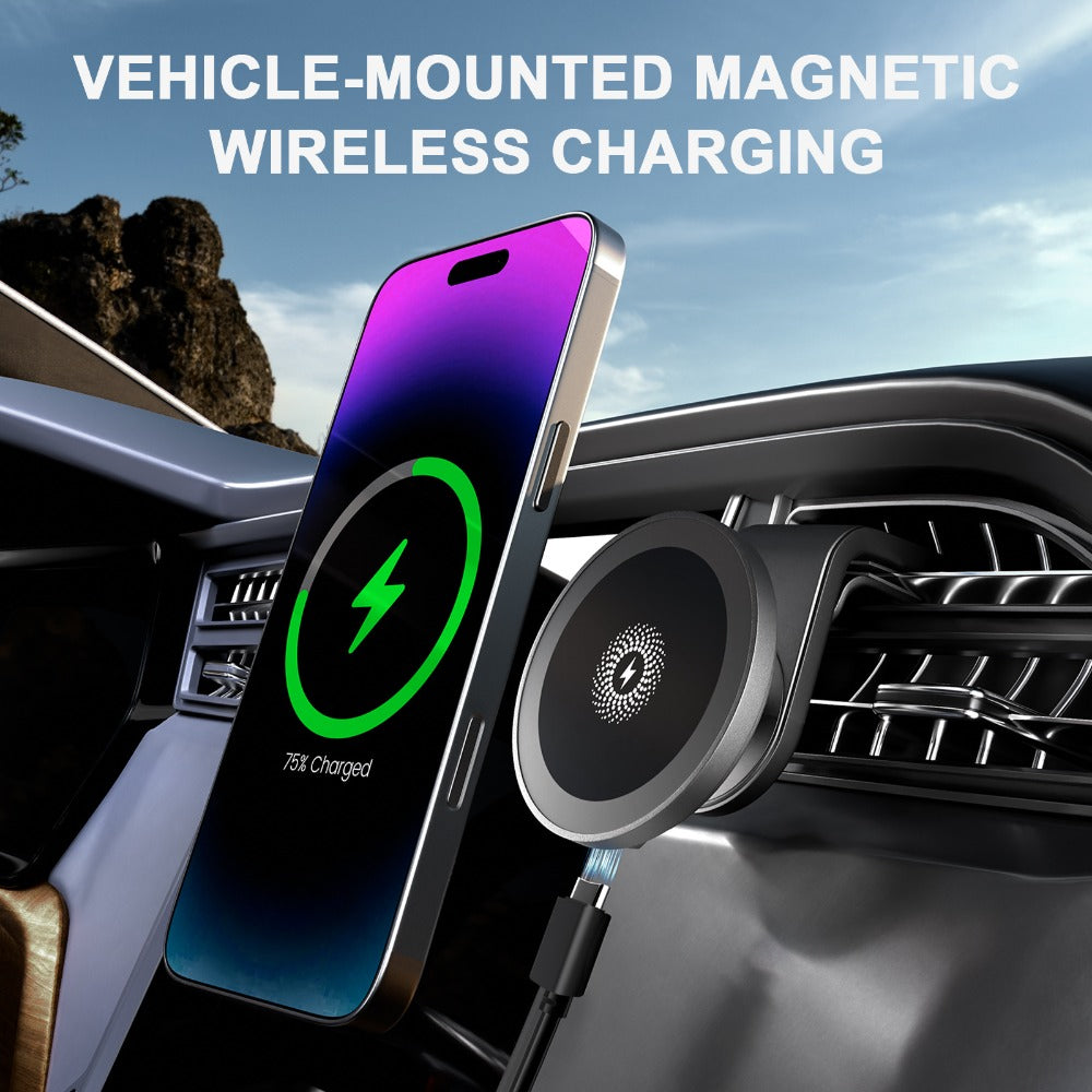 15W Magnetic Wireless Charging Car Phone Mount with Vent Clip, Swivel Joint and Black or White Finish