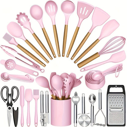 35- or 36-Piece Silicone Kitchen Utensil Set with Holder in Black, Pink or Red, with Optional Glass Cup