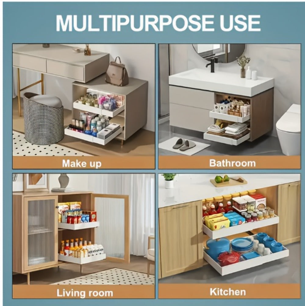 Expandable Pull-Out Cabinet Shelf with Adjustable Width, 16.5- or 21-Inch Depths and Black or White Pack Options