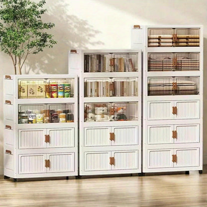 Foldable Plastic Storage Cabinet with Clear Ribbed Doors, Wheels and Large 1-, 3- or 5-Layer Options