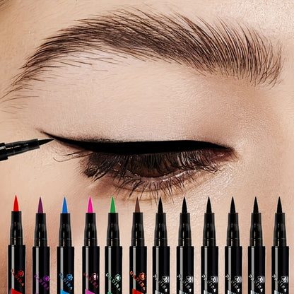 Fine-Tip Liquid Eyeliner Pen Set with Twelve Black and Bright Color Pens for Graphic Eye Looks