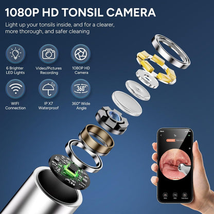 Visual Tonsil Stone Remover with 1080P HD Camera – 6 LED Lights, 5 Stainless Steel Heads, Bad Breath Prevention, iOS & Android Compatible, At-Home Tonsil Care Kit