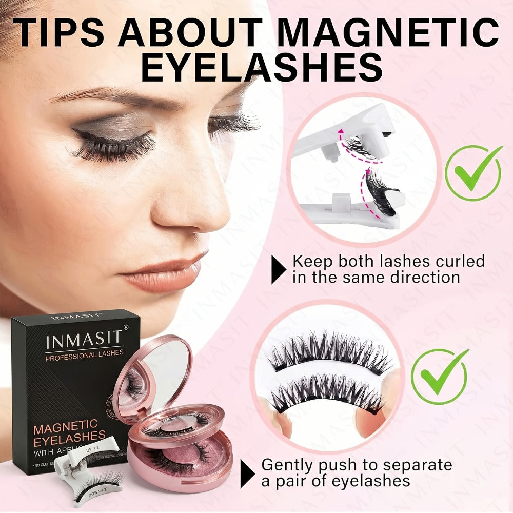 INMASIT Magnetic False Eyelashes Set with Round Storage Case and Applicator in Black or Pink