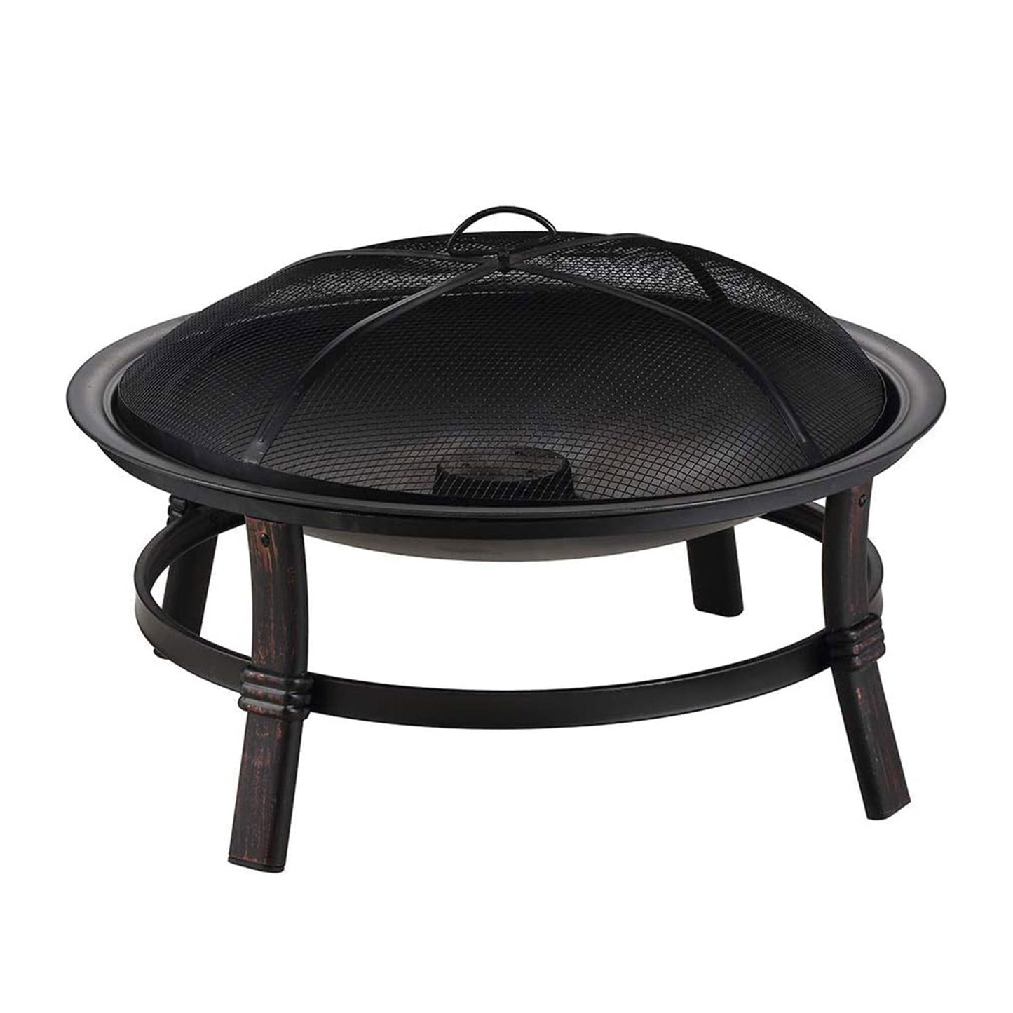 29.3-Inch Round Fire Pit Bowl with Domed Mesh Cover, Four-Leg Stand and Long Poker in Black