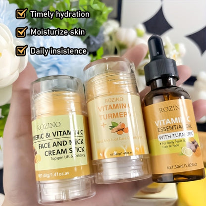 Skincare Set with ROZINO Label, 5 Turmeric and Vitamin C Cream and Serum Items for Face Hands and Feet