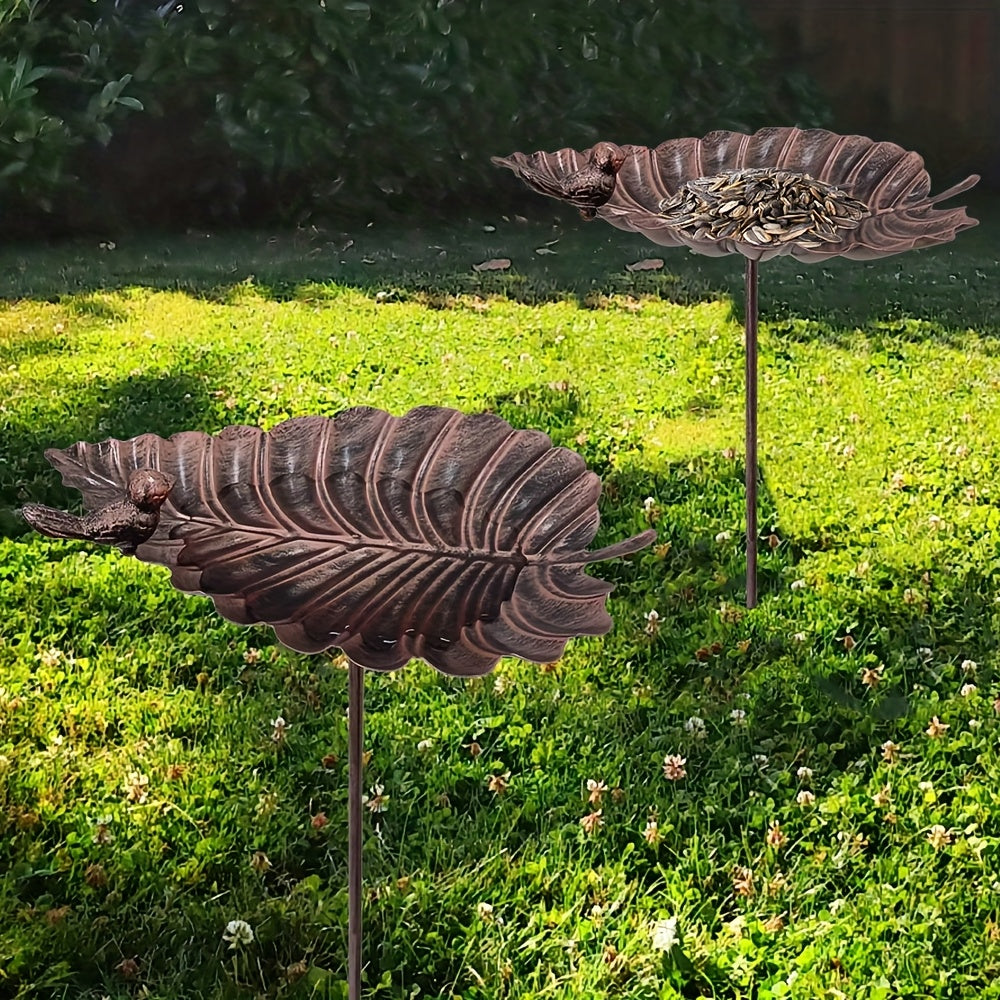 Sculpted Big-Leaf Bird Bath with Ground Stake in Single or Two-Piece Options for Garden Use