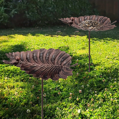 Sculpted Big-Leaf Bird Bath with Ground Stake in Single or Two-Piece Options for Garden Use