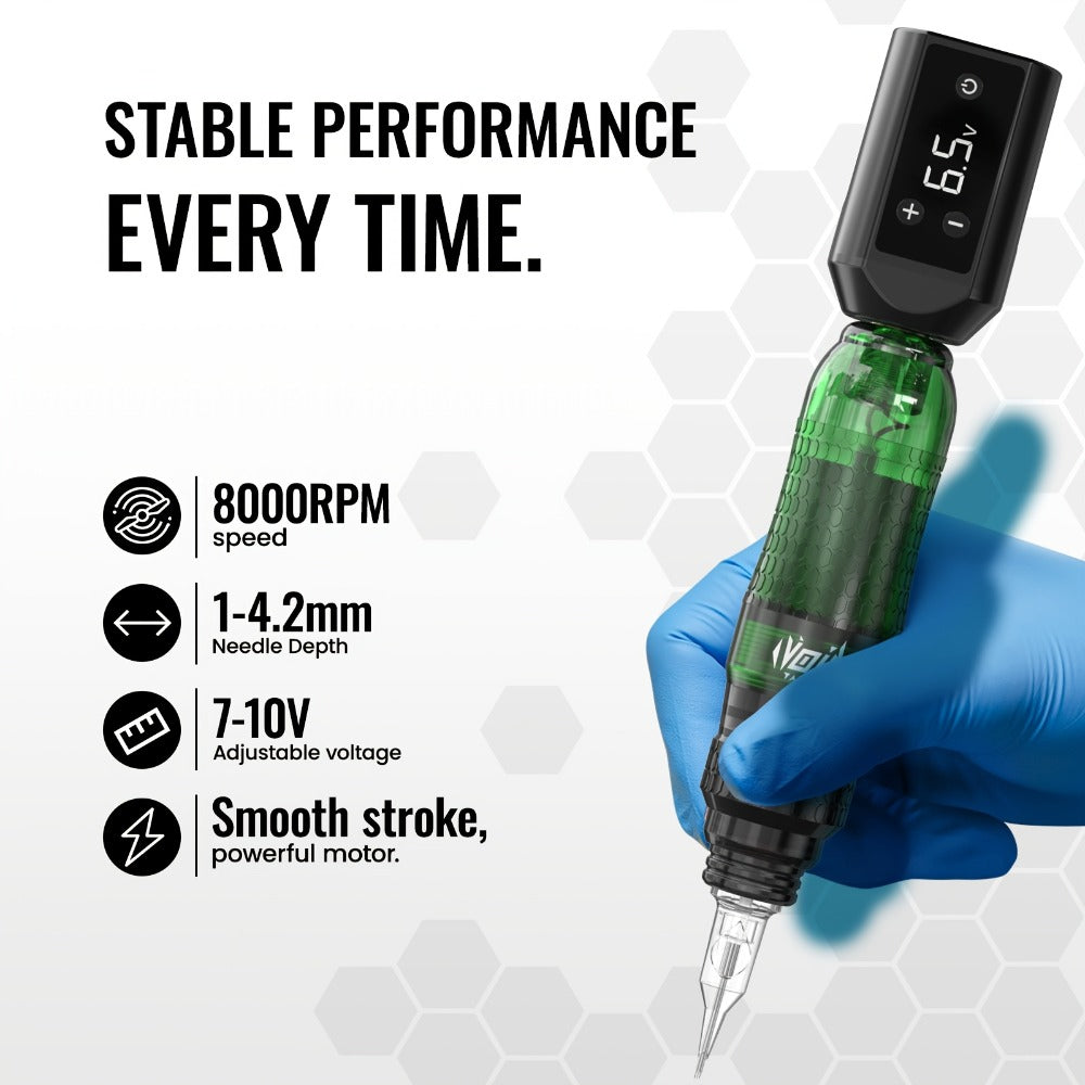 Tattoo Machine Kit VOID Wireless Pen with 1200mAh Battery, 4-12V Adjustment, 10 Cartridges and 5 Ink Shades