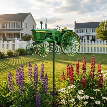 Tractor-Shaped Garden Windmill Stake with Six Rotating Pinwheel Wheels and 28 x 14 cm Topper