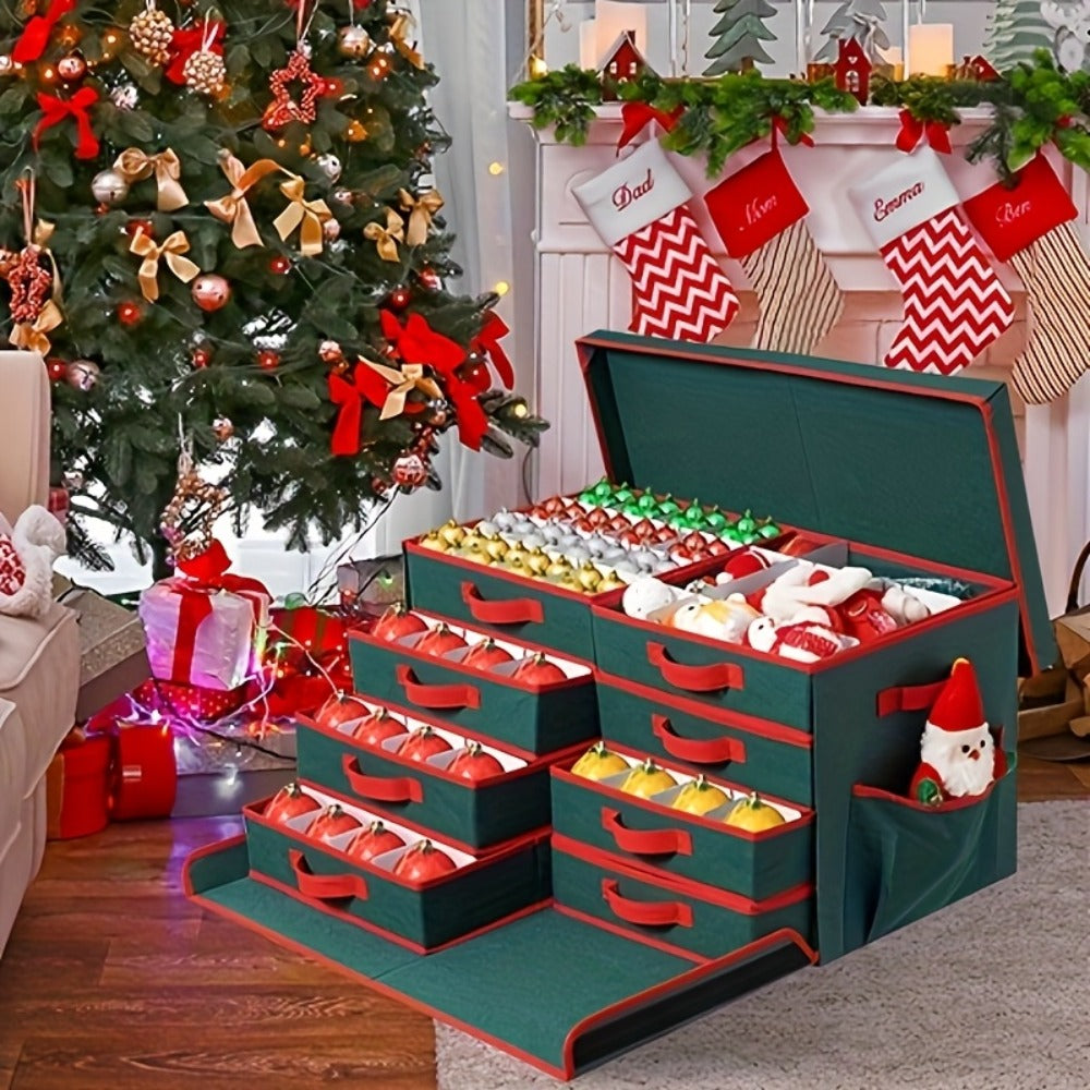 Christmas Ornament Storage Box with 128 Compartments, Eight Removable Trays and Red or Green Color Options