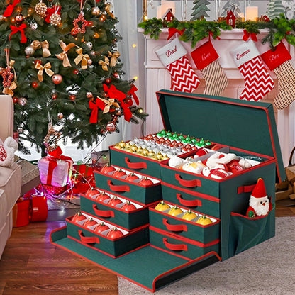 Christmas Ornament Storage Box with 128 Compartments, Eight Removable Trays and Red or Green Color Options