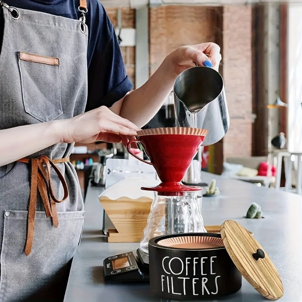 Wooden Coffee Filter Holder with Lid – Large Capacity Rustic Round Organizer Dispenser for Coffee Filters & Tea Bags, Bamboo Lid, Kitchen Countertop Coffee Bar Decor