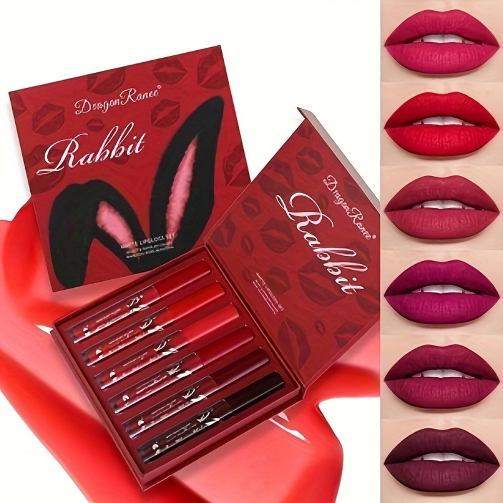 Red Lip Glaze Gift Set 6pcs in Elegant Box — Long-Lasting Smudge-Proof Glazed Finish, Smooth Paste Formula, All-Day Wear Versatile Lip Color for Beginners & Beauty Lovers, Holiday Birthday Gift