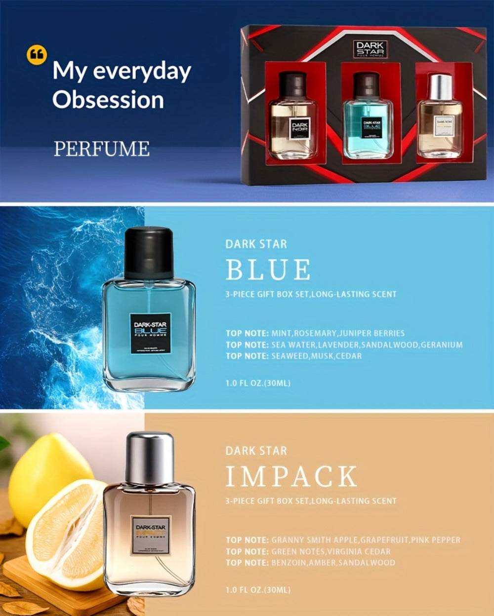 Men's Cologne Gift Set with Three 30ml Eau de Toilette Sprays in Blue, Amber and Clear Glass Bottles