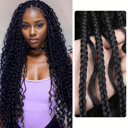 Extra-Long Black Box-Braid Wig with Curly Ends, Lace Cap and 48-Inch Checkout Length for Styling