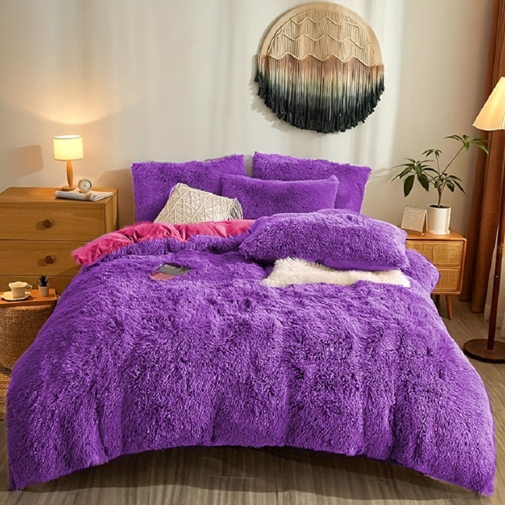 Plush Four-Piece Duvet Cover Set with Bed Sheet, Two Pillowcases, Queen or King Size and Eight Colors
