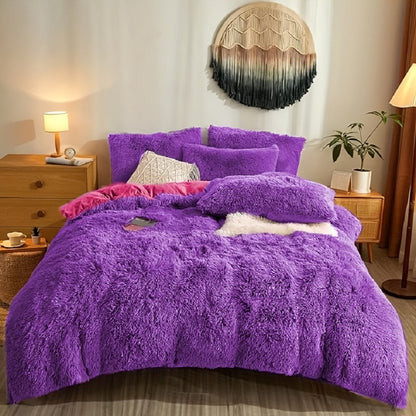 Plush Four-Piece Duvet Cover Set with Bed Sheet, Two Pillowcases, Queen or King Size and Eight Colors