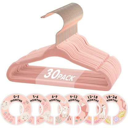 Baby Hangers Pink Velvet Non-Slip Nursery Closet Kids Clothes Hangers with Size Dividers for Infant Toddler Girls Boys 50/30pcs