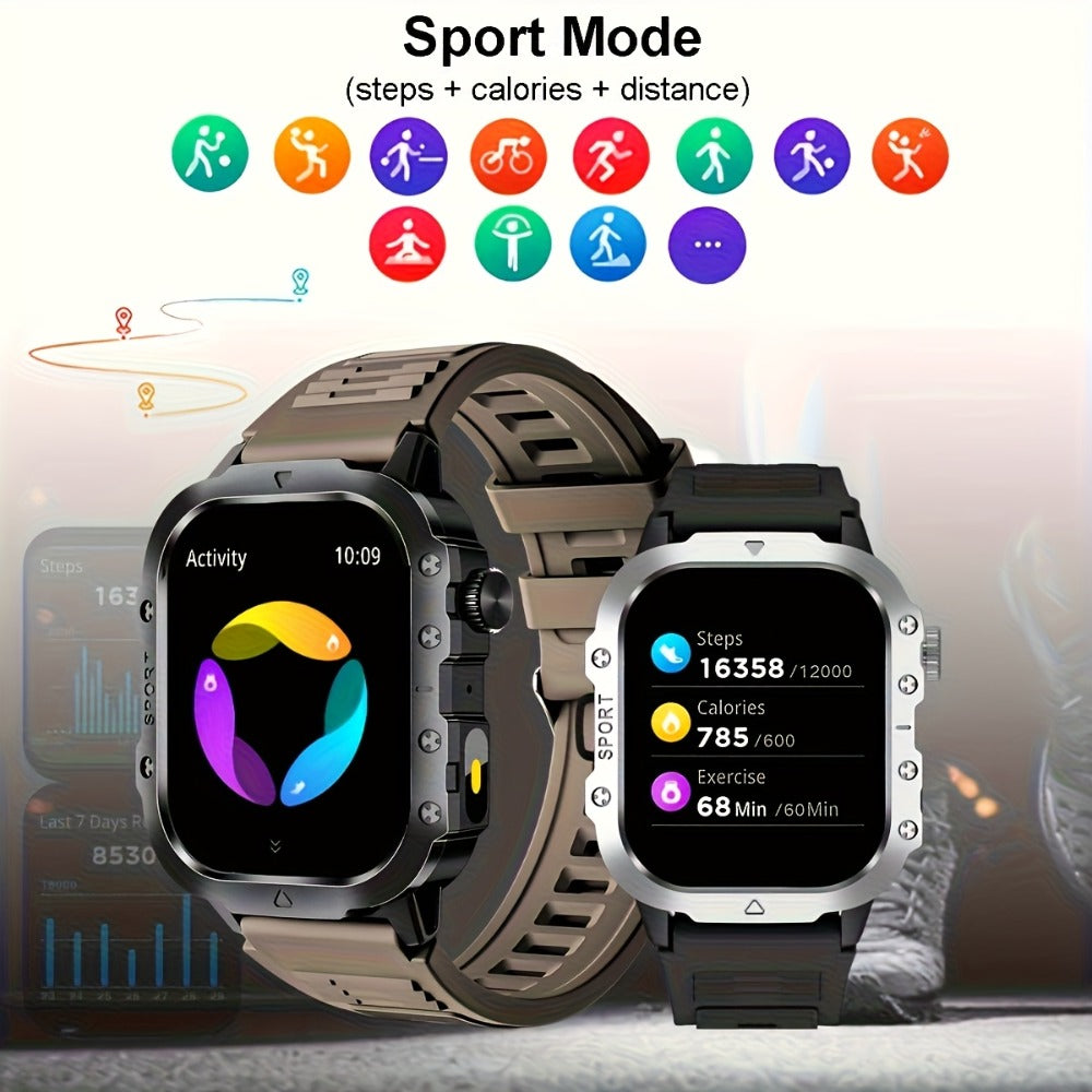 LED Flashlight Outdoor Smartwatch 2.01" Large Screen – Multi-Sport Modes, Long Battery Life, Message Alerts, Fitness Tracker – Rugged Adventure Watch Black Brown Android & iPhone