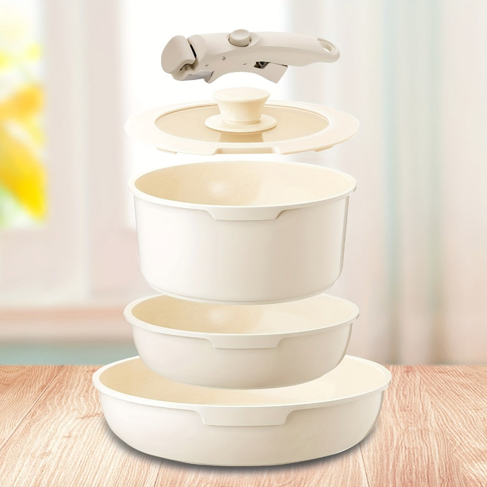 Nonstick Cookware Set 5-Piece Detachable Handle Aluminum Pots and Pans – Space-Saving Stackable Induction Compatible | 8 & 10 Inch Frying Pan Soup Pot Universal Lid | White Pink Beige Coral Pink