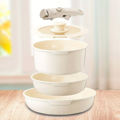 Nonstick Cookware Set 5-Piece Detachable Handle Aluminum Pots and Pans – Space-Saving Stackable Induction Compatible | 8 & 10 Inch Frying Pan Soup Pot Universal Lid | White Pink Beige Coral Pink