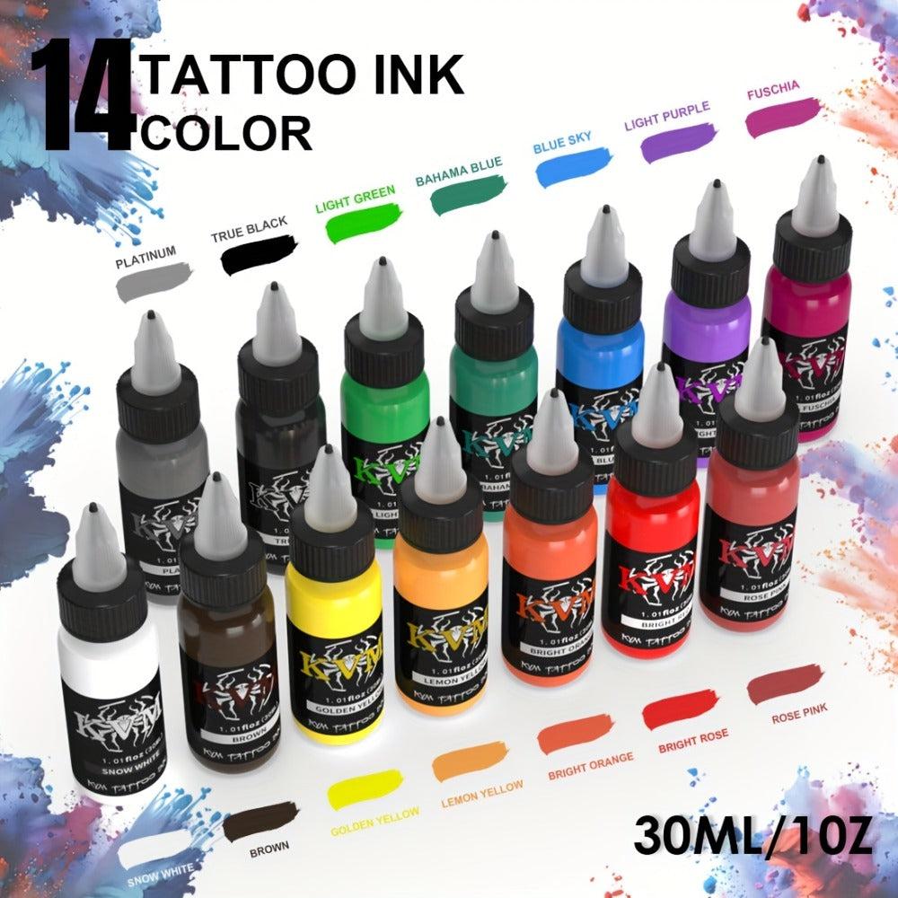 1oz Tattoo Ink Set 7 & 14 Colors Professional - 30ml Stable Vibrant Pigment Bottles, Fade-Resistant Permanent Ink for Rotary Coil & Pen Tattoo Machine, Complete Color Kit for Artists & Beginners