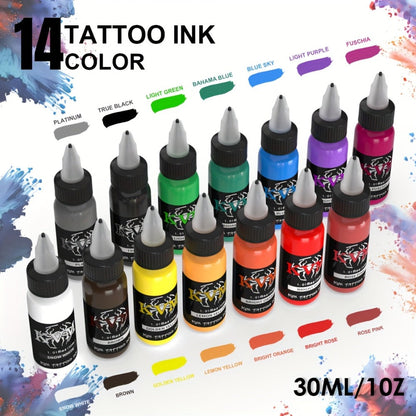 1oz Tattoo Ink Set 7 & 14 Colors Professional - 30ml Stable Vibrant Pigment Bottles, Fade-Resistant Permanent Ink for Rotary Coil & Pen Tattoo Machine, Complete Color Kit for Artists & Beginners