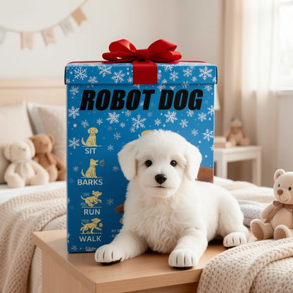 White Electronic Plush Robot Puppy Toy with Walking and Barking Box Icons in a White Gift-Box Option