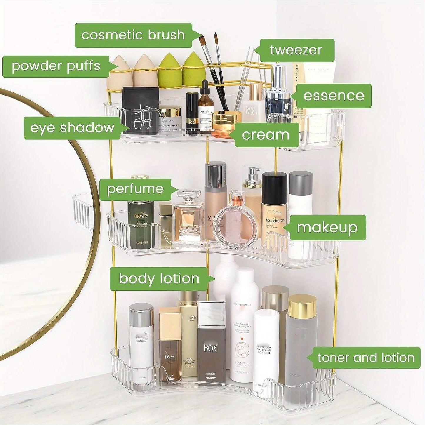 Corner Countertop Bathroom Organizer with 2- or 3-Tier Trays, Brush Rings and Four Color-Style Options