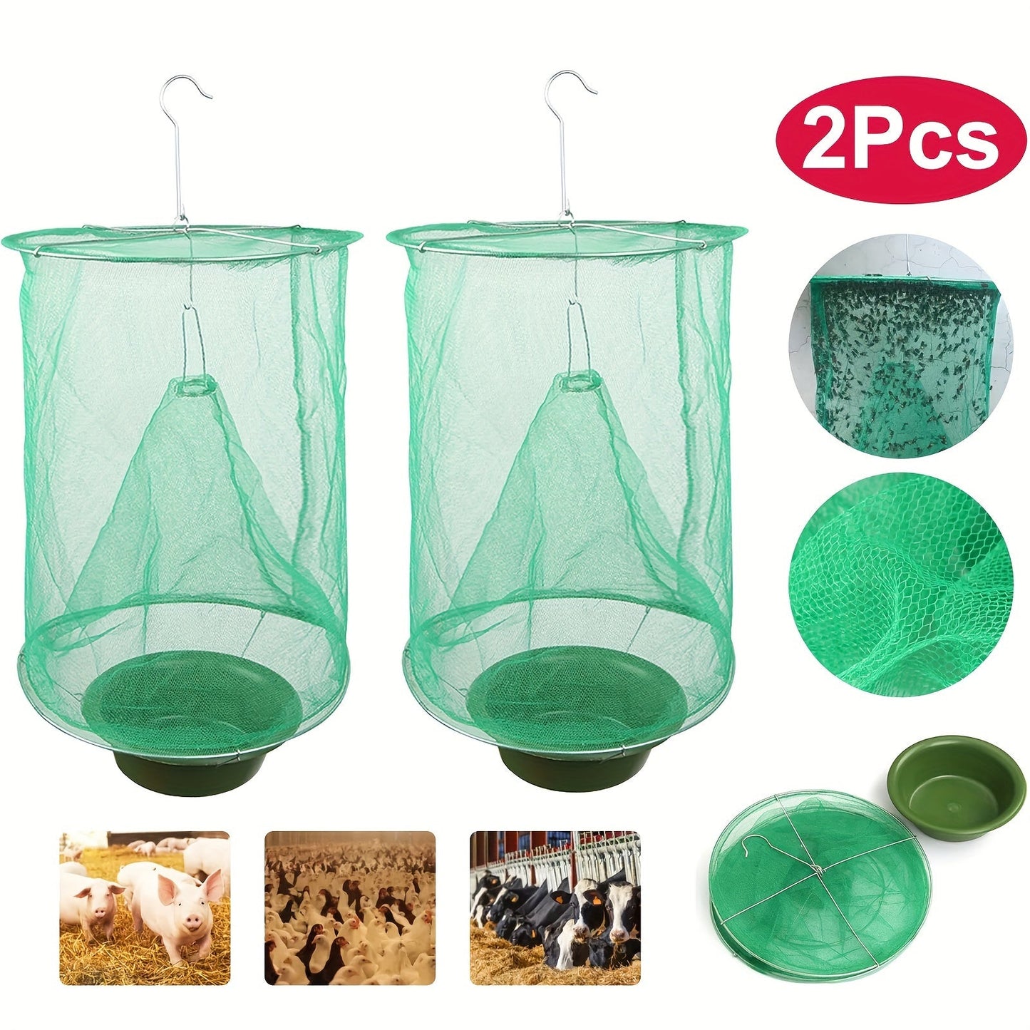 Green Hanging Mesh Fly Trap Cages with Removable Bait Bowls in Two-Pack or Four-Pack Options