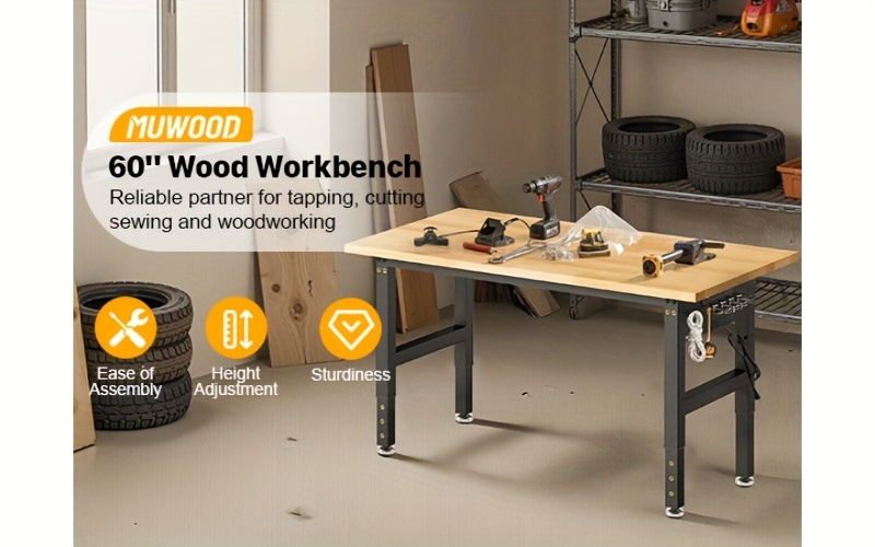 Adjustable 28–40-Inch Wood-Top Workbench in 60- or 96-Inch Widths with Pegboard, Wheels and Power Strip