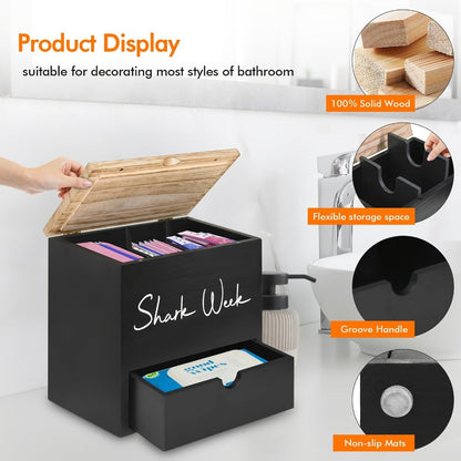 Tampon & Pad Organizer Box with Lid - Wooden Bathroom Storage Bin with Drawer, 3-Compartment Feminine Products Caddy, Farmhouse Bathroom Decor