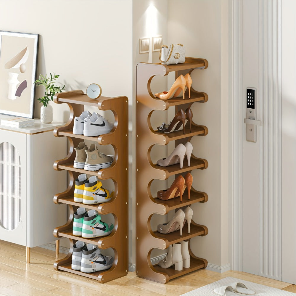 Natural-Color Seven-Layer Bamboo-Labeled Shoe Rack with Narrow Freestanding Corner Layout Design