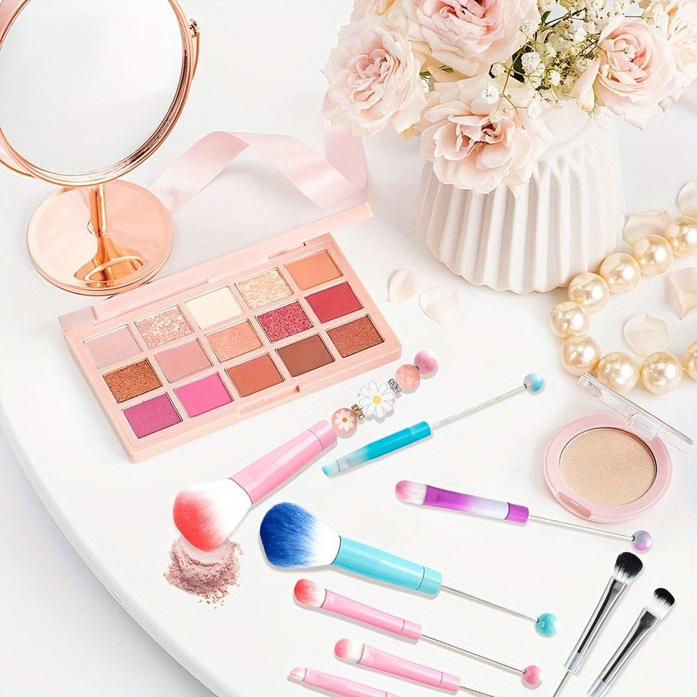 Makeup Brush Set, 15-Piece Bead-Ready Metal Handle Collection with Powder, Blush, Eyeshadow and Angled Brush Shapes