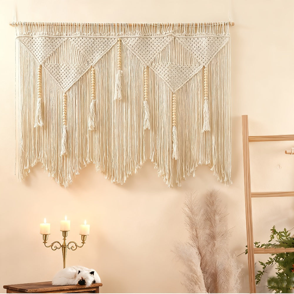 Large Bohemian Macrame-Style Wall Hanging in Four Exact Woven Patterns with Long Fringe Details