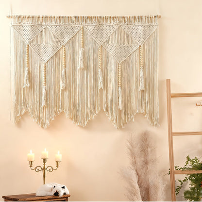 Large Bohemian Macrame-Style Wall Hanging in Four Exact Woven Patterns with Long Fringe Details