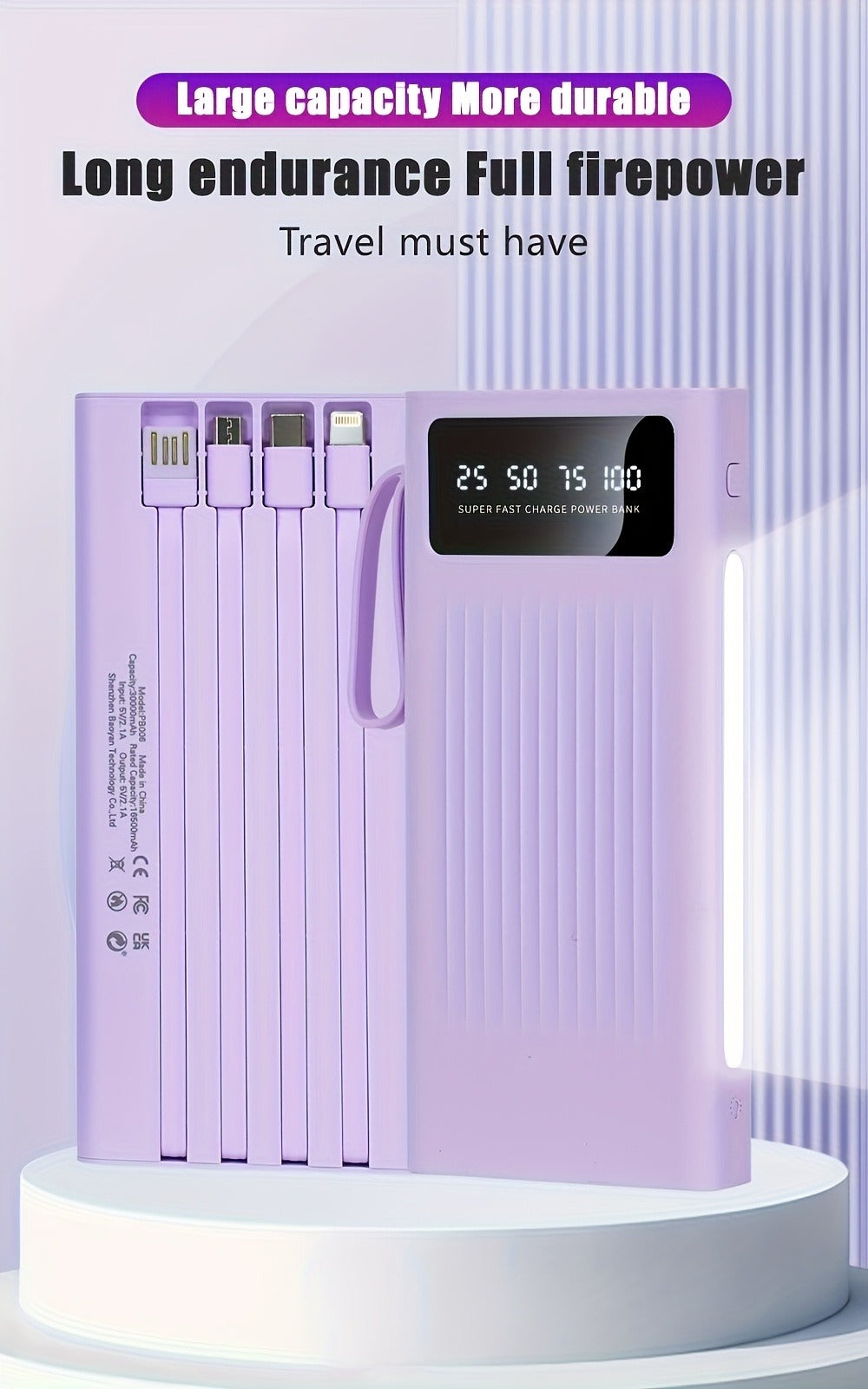 Power Bank 10000-30000mAh with 15W Charging, Four-in-One Cable and Four-Mode Camping Light