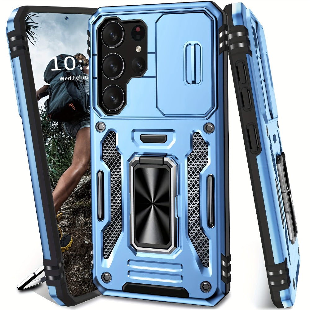 Samsung Galaxy Shockproof Magnetic Phone Case with 360° Rotating Ring Bracket & Sliding Lens Protector – Heavy Duty Cover for S24FE S23FE S22 S21FE Ultra A55 A54 A35 A34 A25 A24 A16 A15 A14 A06 A05 A05S 5G