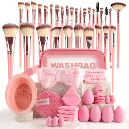 Makeup Brush Set, 56-Piece Polyester Bristle Collection with Wood Handles in Beige, Pink or Brown Color Options
