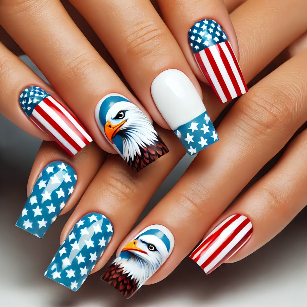 Press On Nails 216-Piece Medium Coffin Nine-Pack Red White Blue Stars and Stripes Patriotic Set