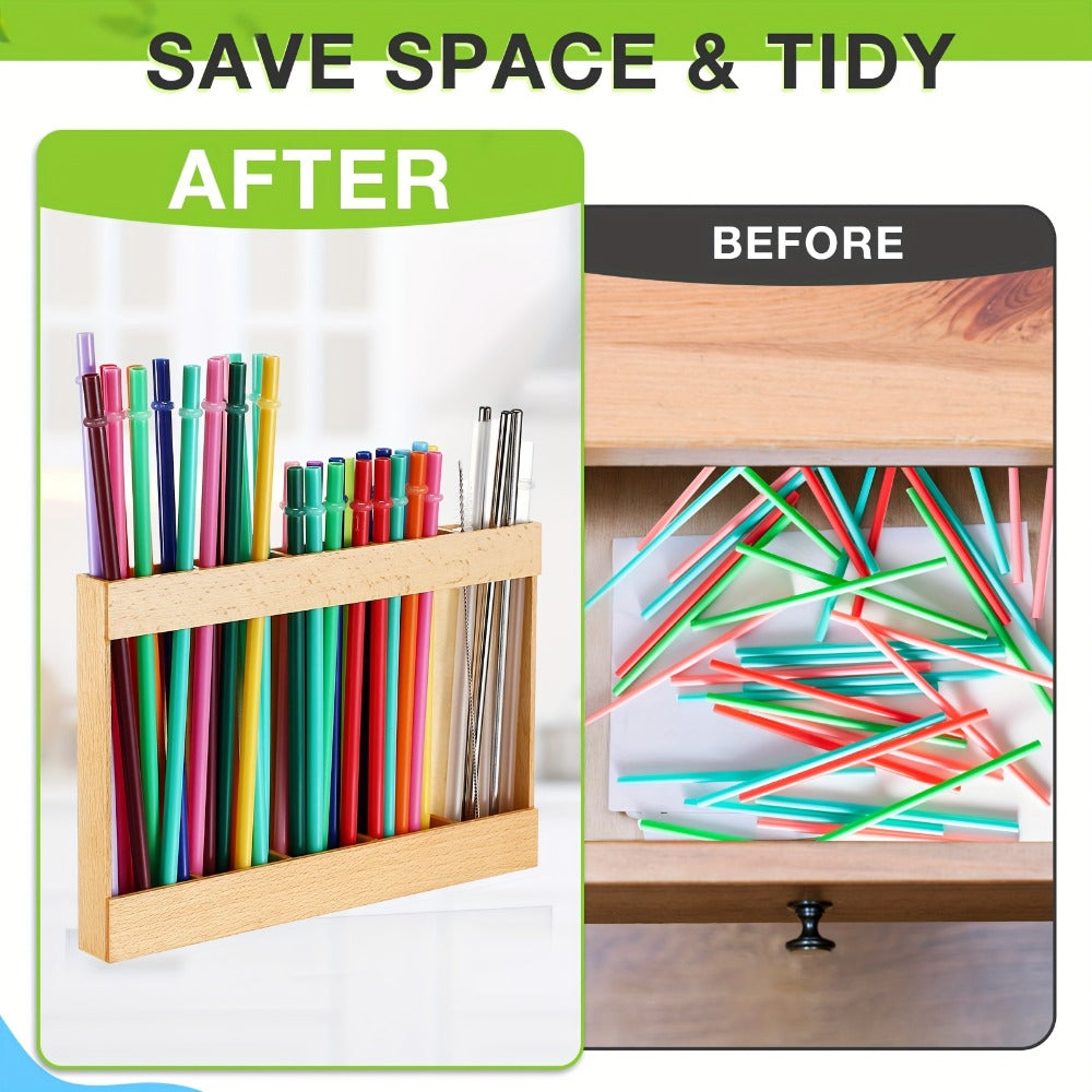 9.8 Inch Acacia Wood Straw Holder for Cabinet Doors, Counters and Reusable Straw Organization