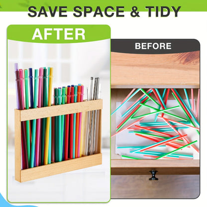 9.8 Inch Acacia Wood Straw Holder for Cabinet Doors, Counters and Reusable Straw Organization