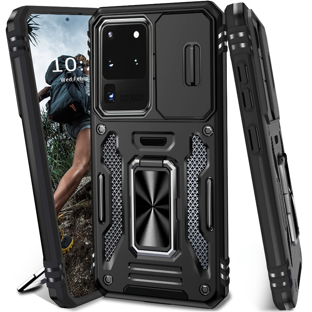 Samsung Galaxy Shockproof Magnetic Phone Case with 360° Rotating Ring Bracket & Sliding Lens Protector – Heavy Duty Cover for S24FE S23FE S22 S21FE Ultra A55 A54 A35 A34 A25 A24 A16 A15 A14 A06 A05 A05S 5G