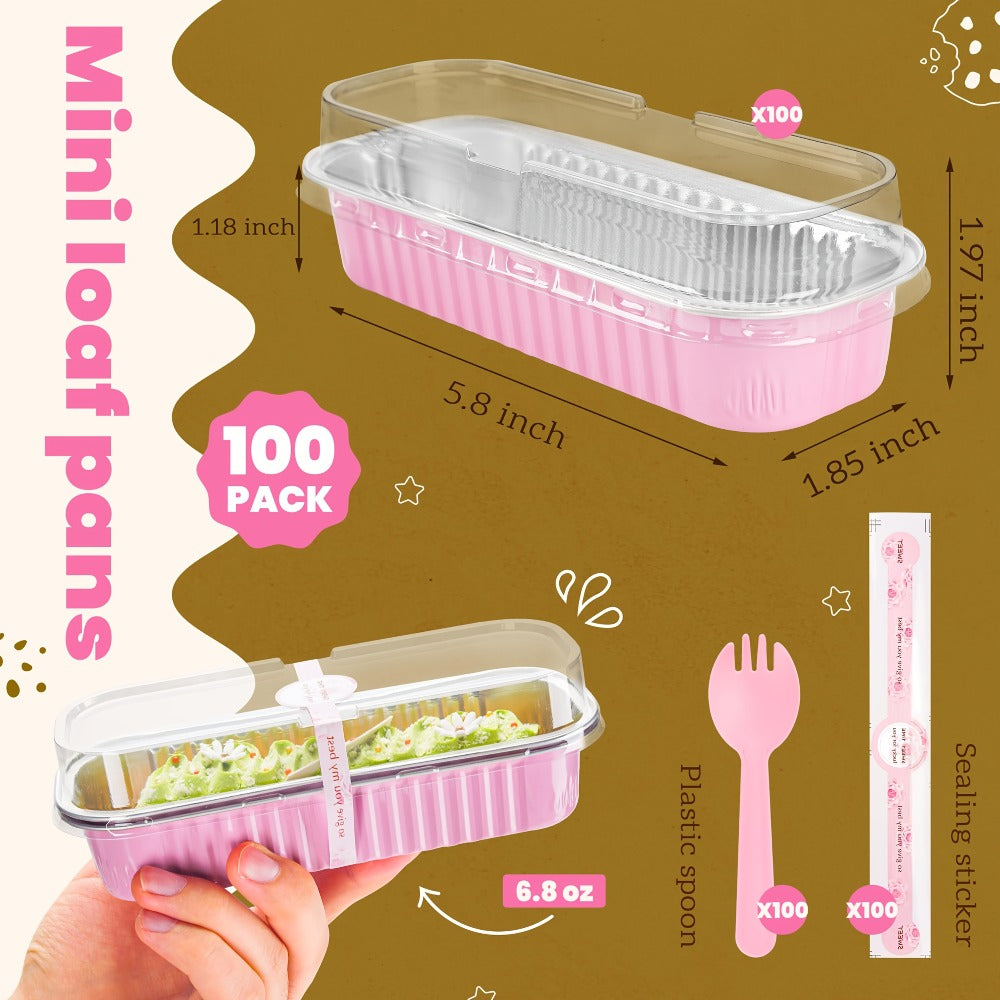 Mini Cake Pans 100 Pack with Lids and Spoons Aluminum Foil Rectangular Disposable Baking Pans 6.8oz for Cheesecake Desserts Gifts Party Catering 6 Colors