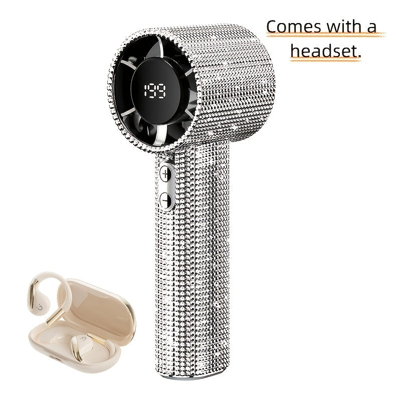 Rhinestone Handheld Fan with USB-C Charging, Digital Display, 199 Levels and Optional Beige Headset